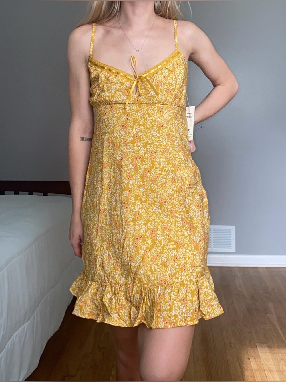 No Boundaries Yellow Floral Ruffle-Hem Mini Dress